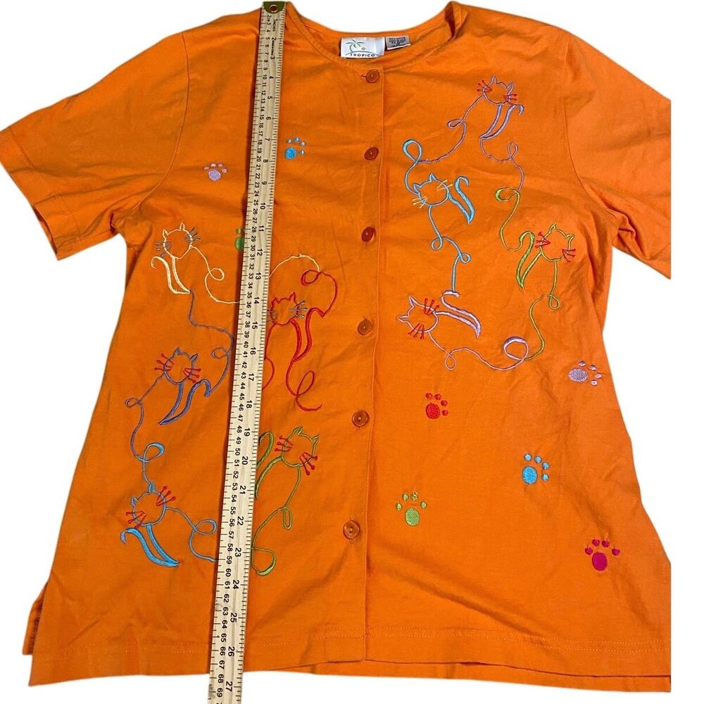 Vintage Tropico Orange Button-Front Shirt with Colorful Embroidered Cats Size M - Picture 3 of 4